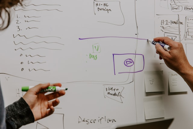 Two people sketching a flow of connected boxes on a whiteboard